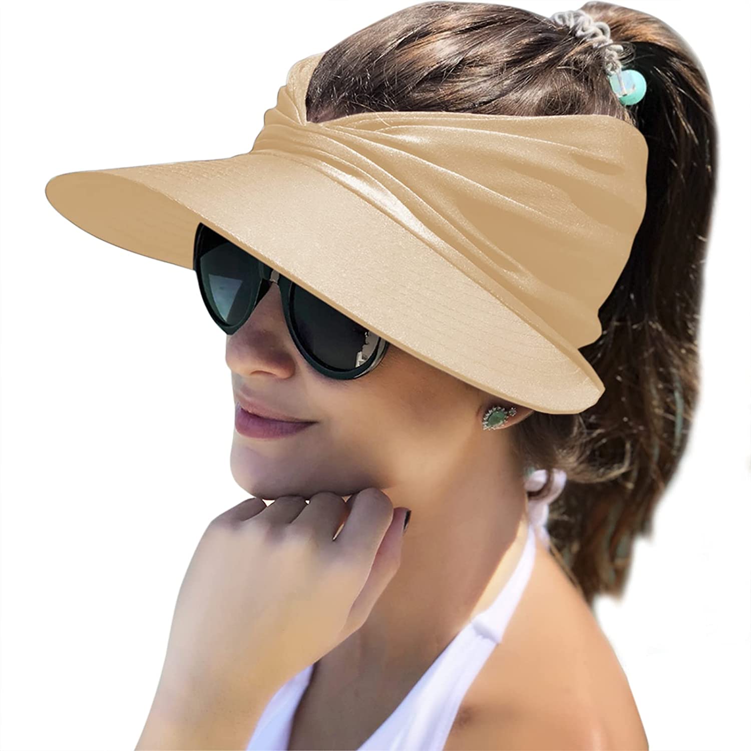 Muryobao Adult Female Womens Sun Visor Hat Wide Brim Summer UPF 50+ UV Protection Beach Sport Cap Beige